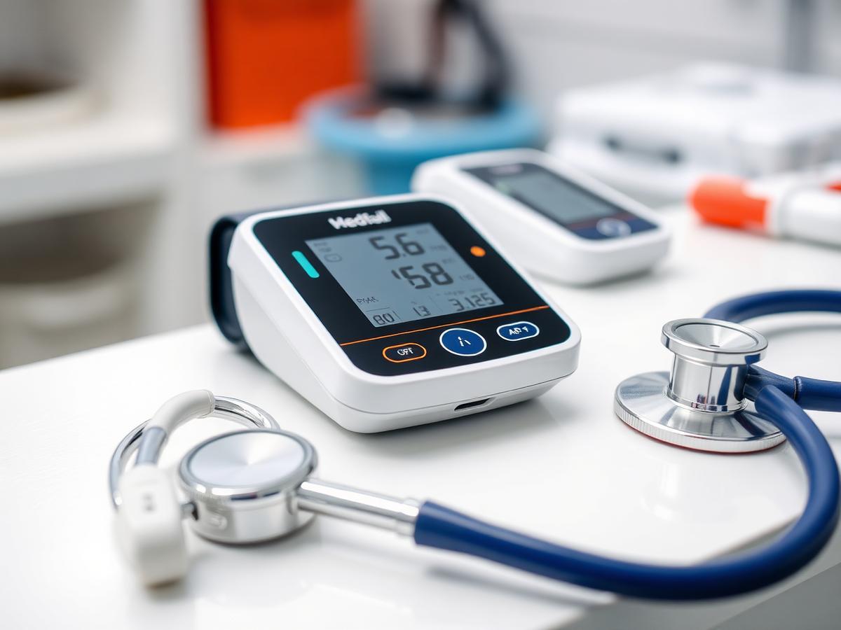 Blood pressure monitor and stethoscope on a clinic counter