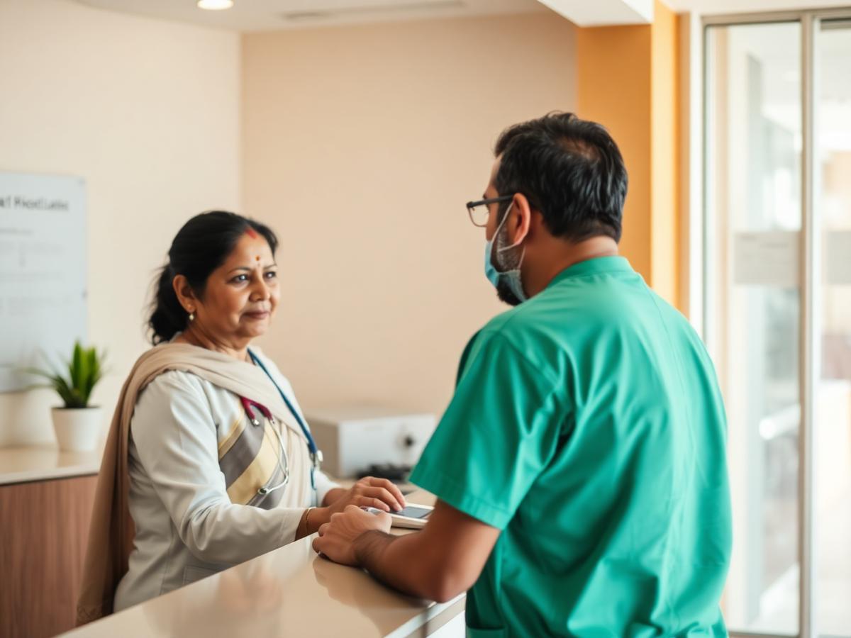 Clinic staff assisting a patient at the reception counter